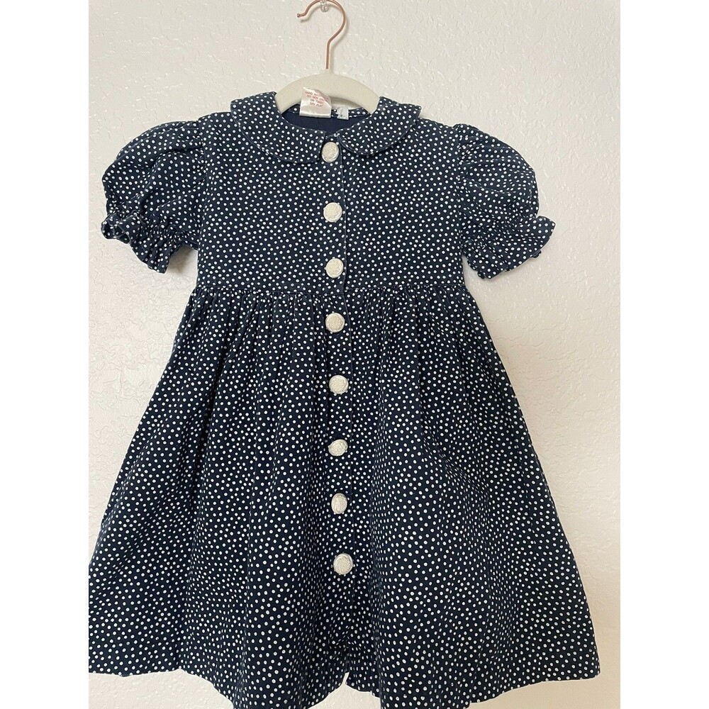 VTG Girls Blue Polka Dot Button Down Dress Size 4 Peter Pan Collar Cap Sleeves
